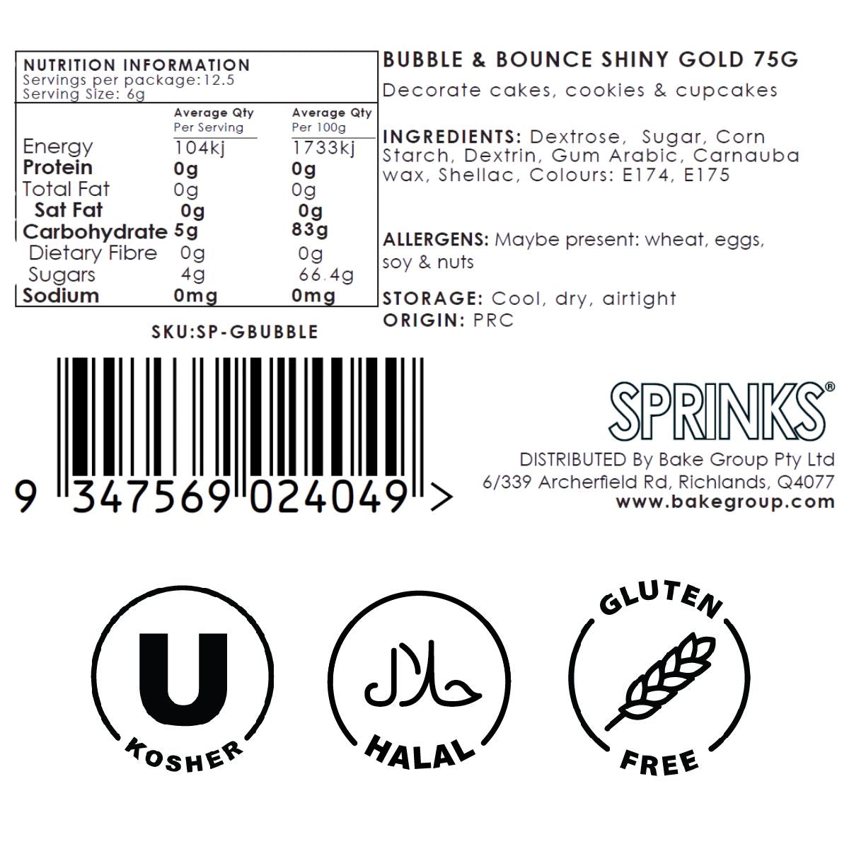 BUBBLE & BOUNCE SHINY GOLD (75g) Sprinkles - by Sprinks