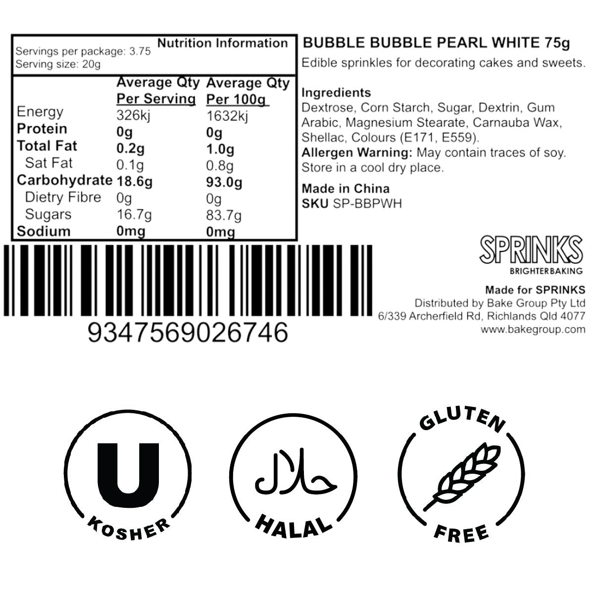 PEARL WHITE BUBBLE BUBBLE (75g) Sprinkles - by Sprinks